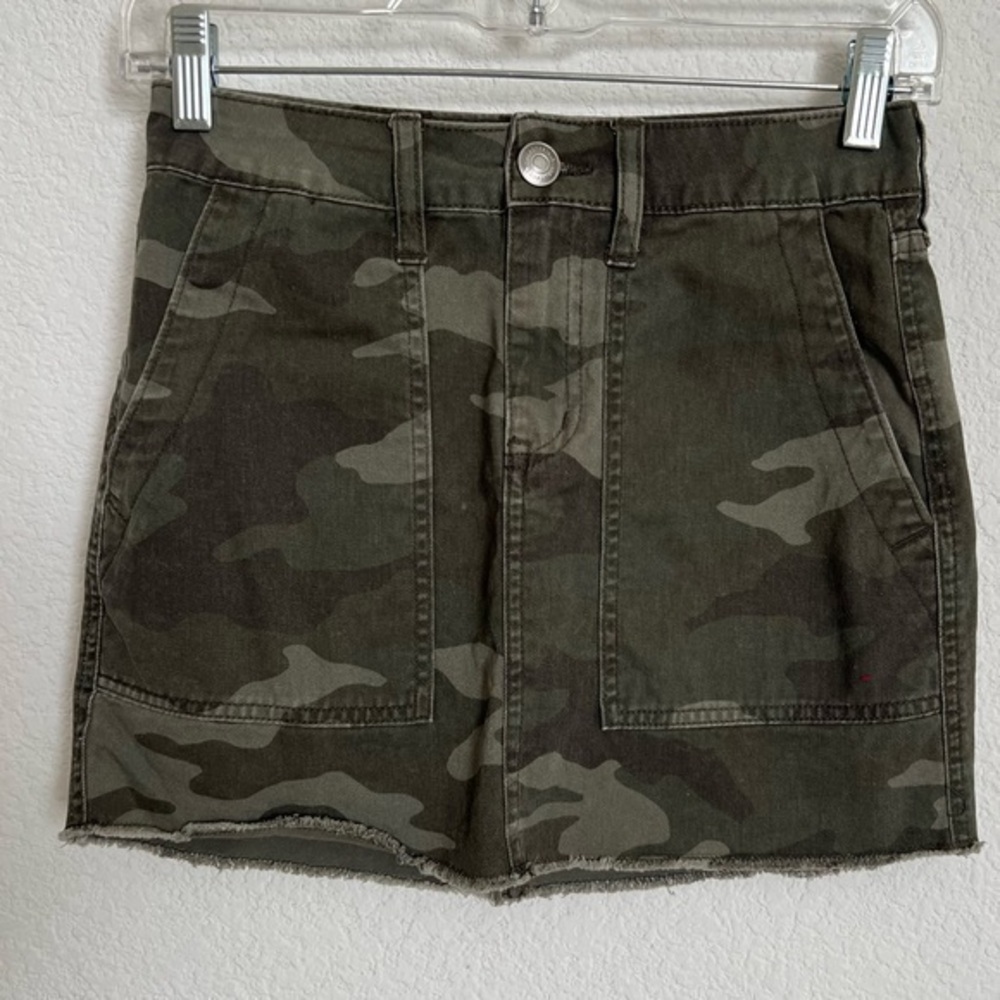 AERO Camo High Rise Denim Mini Skirt 4 Pocket Cotton Frayed Hem Size 000
